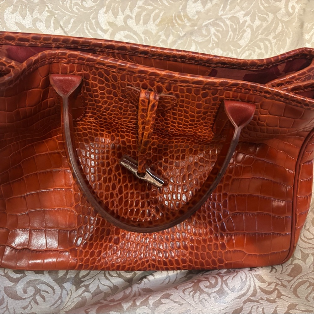 Longchamp Croc-Embossed Leather Tote in Burnt Orange